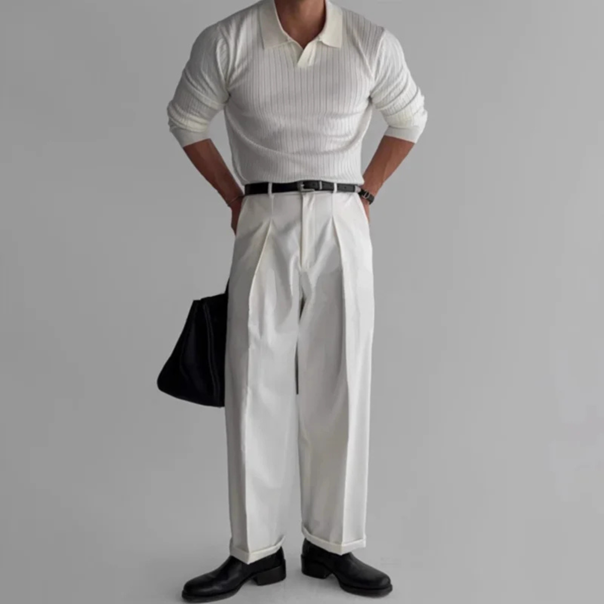 Men's V Neck Jacquard Polo Shirt