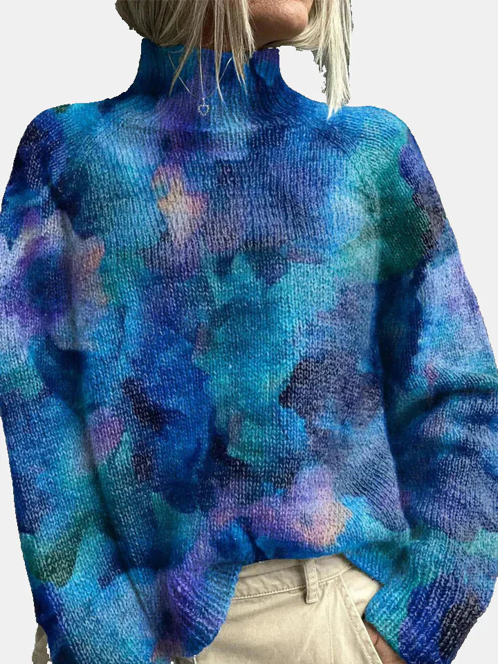 Women’s Woodland Print Knit Sweater – Cozy High Neck Pullover