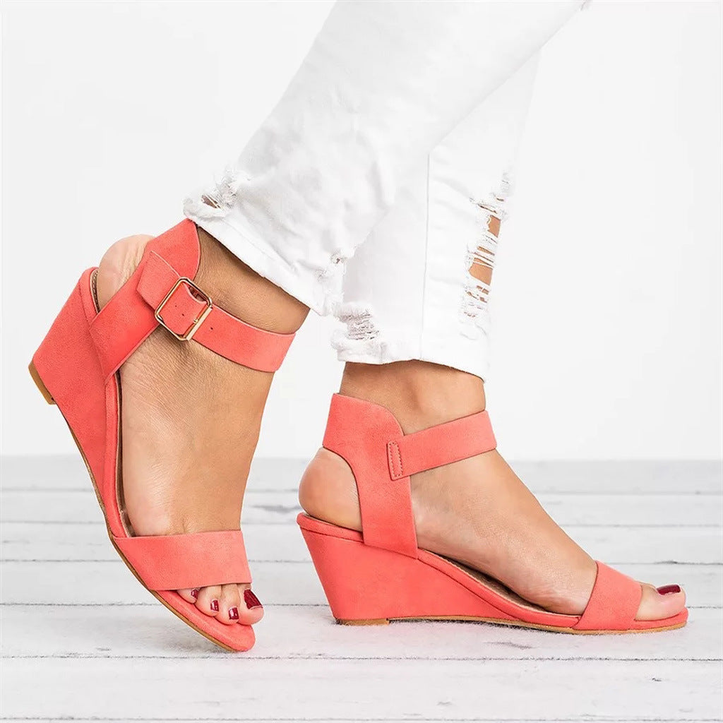 Rochelle Women's Wedge Sandals Faux Leather Open Toe Ankle Strap