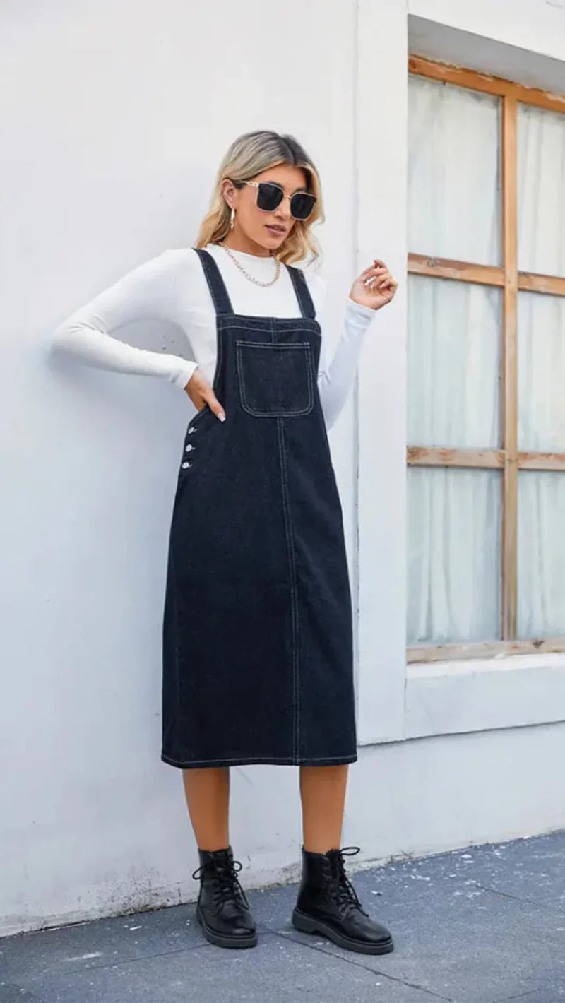 Women's Denim Midi Pinafore Dress - Fashinoza