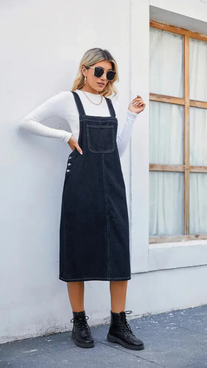Women's Denim Midi Pinafore Dress - Fashinoza