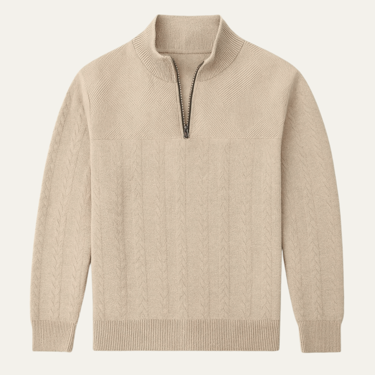 Men's Knitted Sweater Stand Up Collar Jacquard Beige - Fashinoza