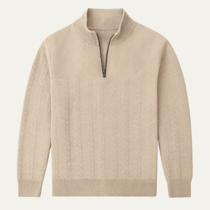 Men's Knitted Sweater Stand Up Collar Jacquard Beige - Fashinoza