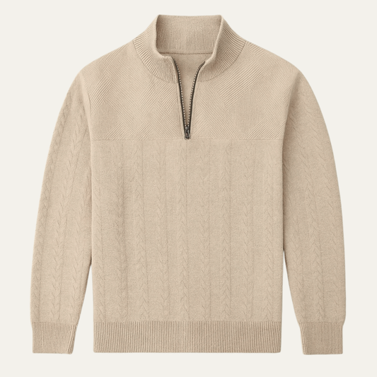 Men's Knitted Sweater Stand Up Collar Jacquard Beige - Fashinoza