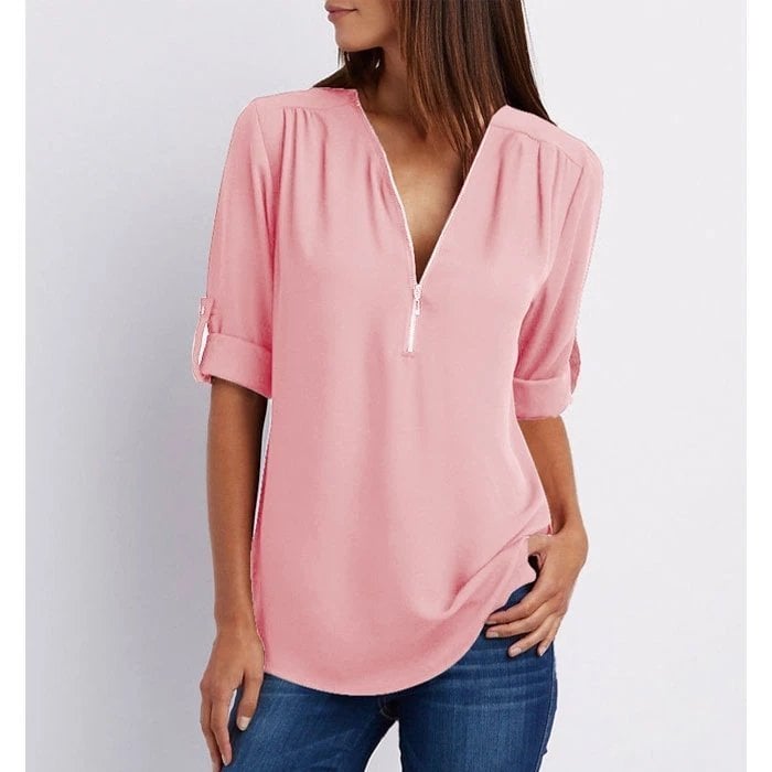 Women's V-Neck Blouse Pink - Fashinoza