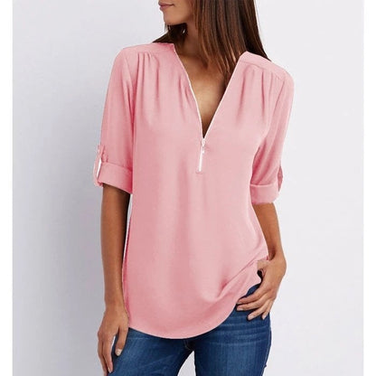 Women's V-Neck Blouse Pink - Fashinoza