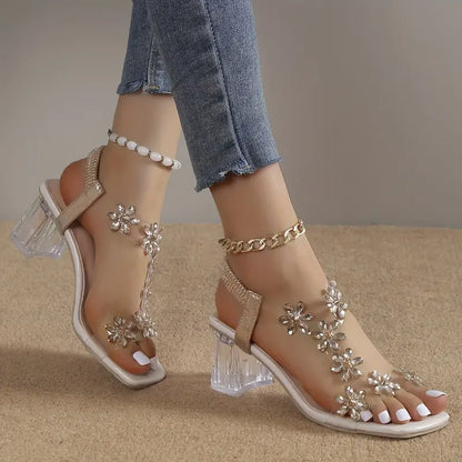 Women's Rhinestone Block Heel Sandals - Fashinoza