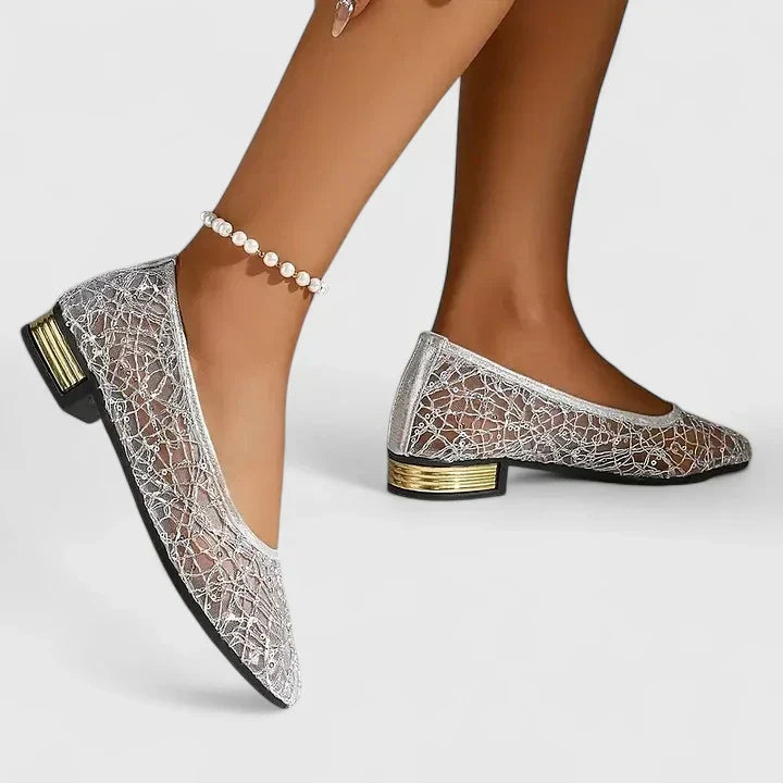 Women's Lace Pointed Toe Flats Low Block Heel