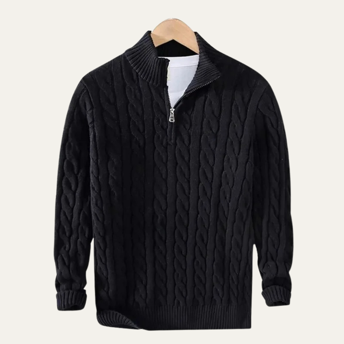 Men's Cable Knit Sweater Quarter Zip Warm Beige