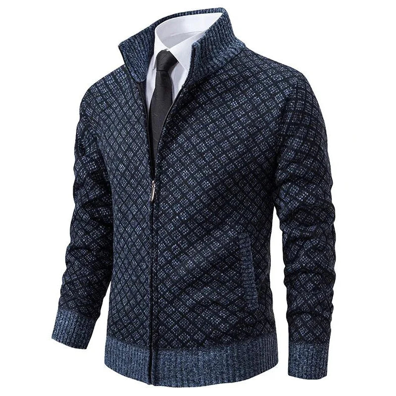 Men's Zip Cardigan Diamond Pattern Ribbed Trim - 
Fashinoza
