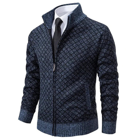Men's Zip Cardigan Diamond Pattern Ribbed Trim - 
Fashinoza