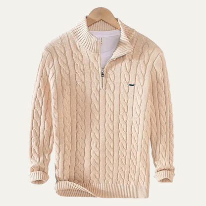 Men's Cable Knit Sweater Quarter Zip Warm Beige