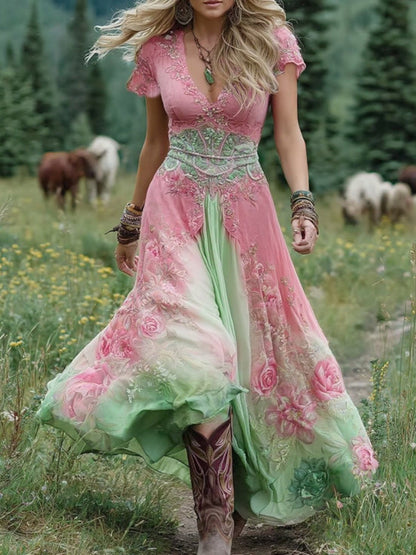 Women's Floral Maxi Dress Gradient Print
