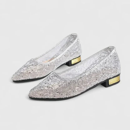 Women's Lace Pointed Toe Flats Low Block Heel