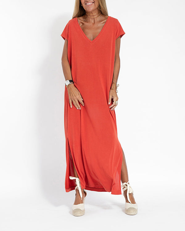 Women's V-Neck Maxi Dress Coral - Fashinoza