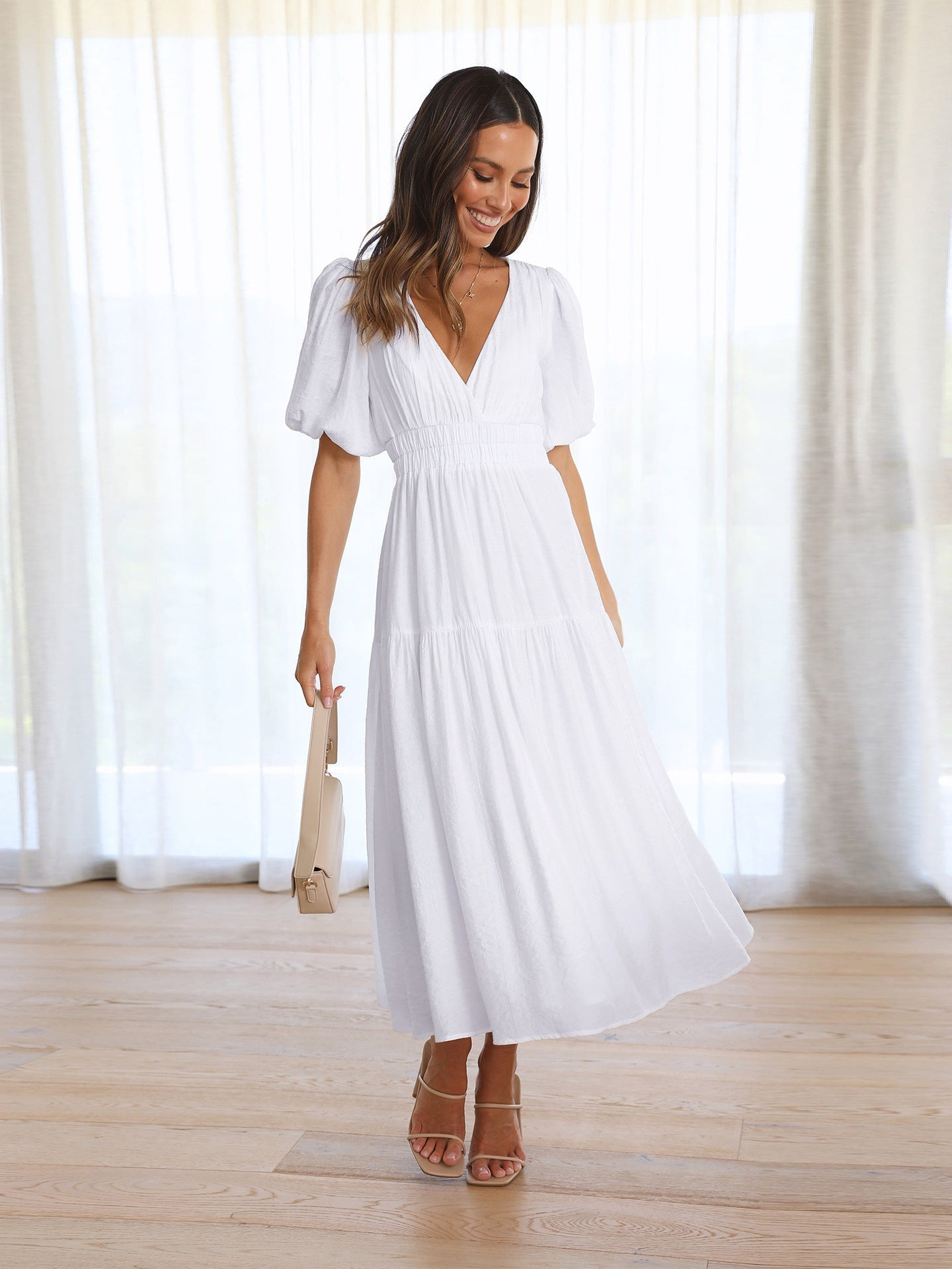 Women's V-Neck Midi Dress Puff Sleeve Smocked Waist