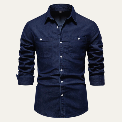 Men's Slim Fit Denim Shirt Double Pockets Blue - Fashinoza