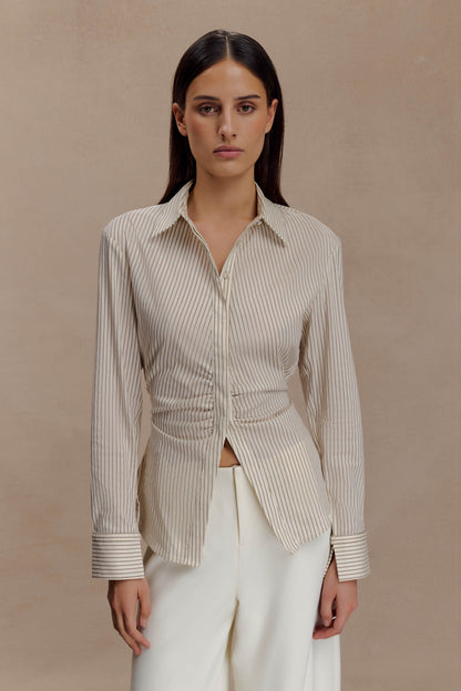 Women's Beige Striped Button-Down Shirt - 
Fashinoza