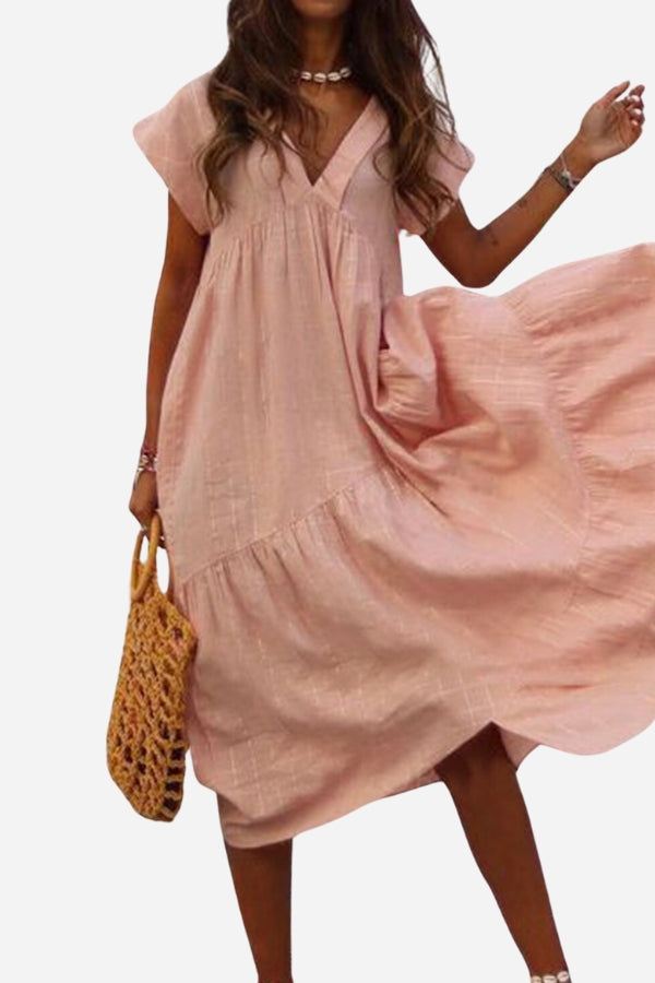Women's V-Neck Midi Dress Flutter Sleeves - Fashinoza