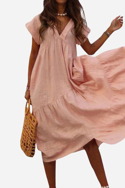 Women's V-Neck Midi Dress Flutter Sleeves - Fashinoza