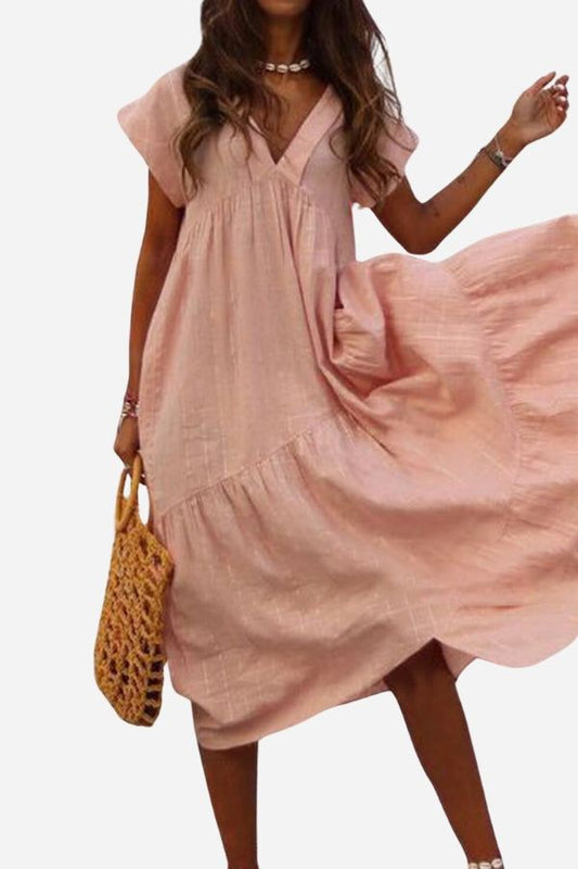 Women's V-Neck Midi Dress Flutter Sleeves - Fashinoza