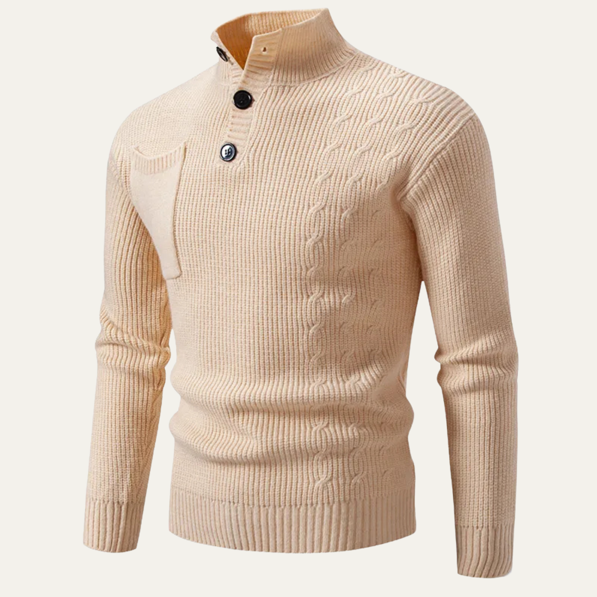 Men's Cable Knit Sweater High Neck Button Collar