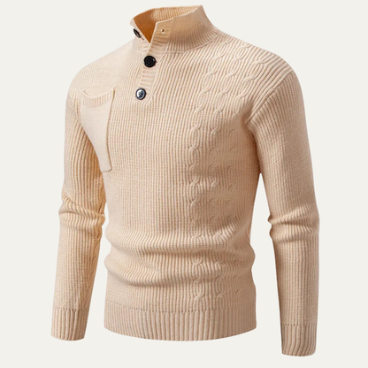 Men's Cable Knit Sweater High Neck Button Collar