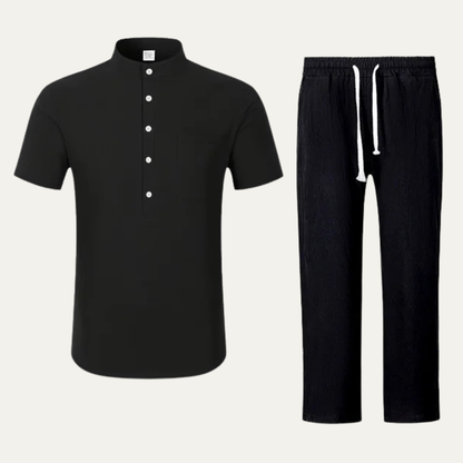 Mens Cotton Linen Polo Shirt And Pants Set Lightweight - Fashinoza