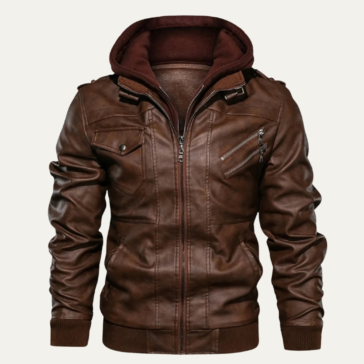 Men's Leather Hooded Jacket With Pockets