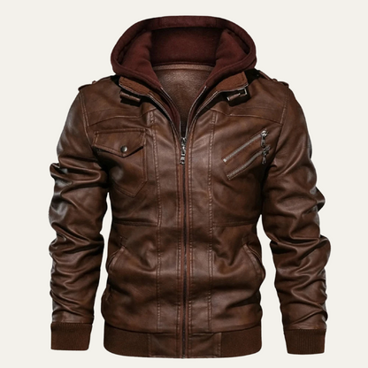 Men's Leather Hooded Jacket With Pockets