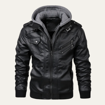 Men's Leather Hooded Jacket With Pockets - Fashinoza