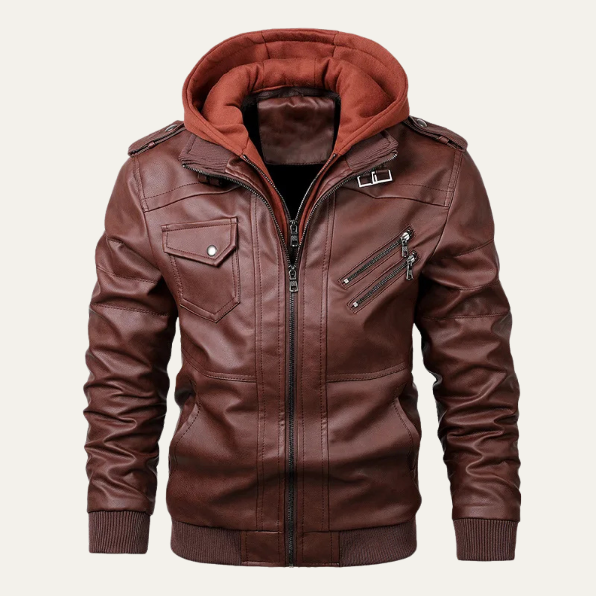 Men's Leather Hooded Jacket With Pockets