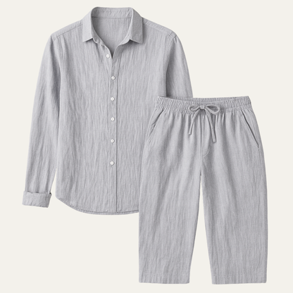 Men's Linen Shirt And Trousers Set Casual Beige - Fashinoza