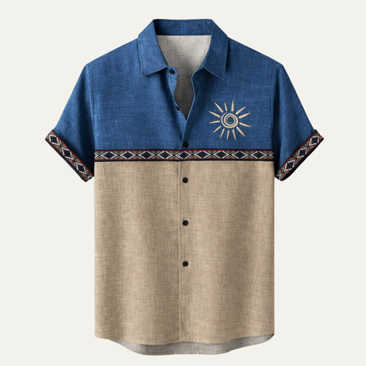 Men's Linen Button Down Shirt Patchwork Beige - Fashinoza