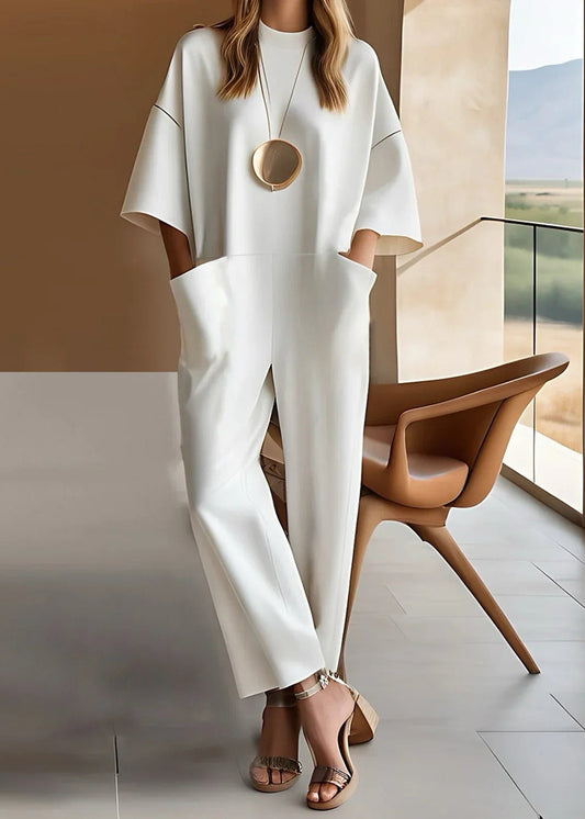 Women's Crew Neck Jumpsuit Short Sleeve Wide Leg - Fashinoza