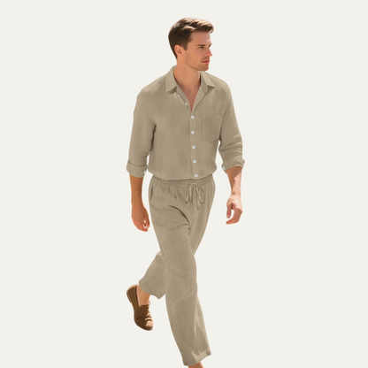 Men's Linen Shirt And Trousers Set Beige