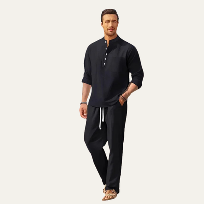 Men's Casual Long Sleeve Shirt And Relaxed Linen Trousers Lightweight