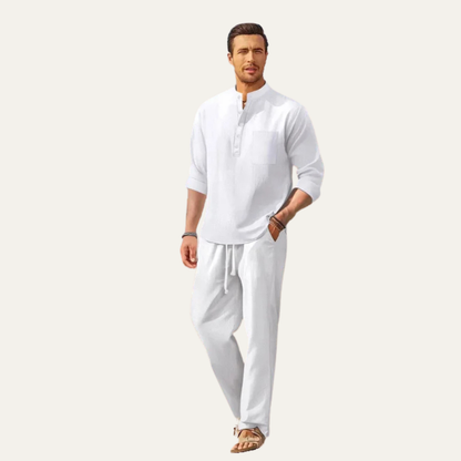 Men's Casual Long Sleeve Shirt And Relaxed Linen Trousers Lightweight