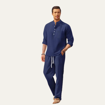 Men's Casual Long Sleeve Shirt And Relaxed Linen Trousers Lightweight