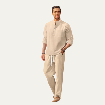 Men's Casual Long Sleeve Shirt And Relaxed Linen Trousers Lightweight
