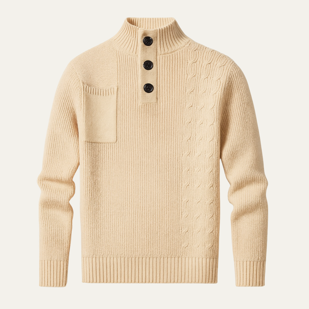 Men's Cable Knit Sweater High Neck Button Collar - Fashinoza