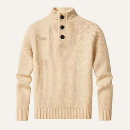 Men's Cable Knit Sweater High Neck Button Collar - Fashinoza
