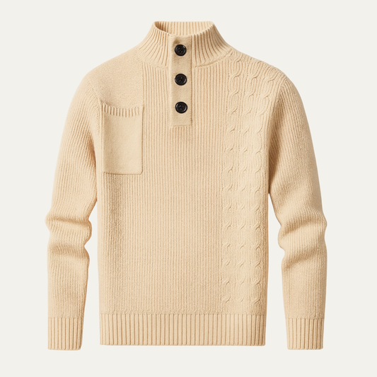 Men's Cable Knit Sweater High Neck Button Collar - Fashinoza