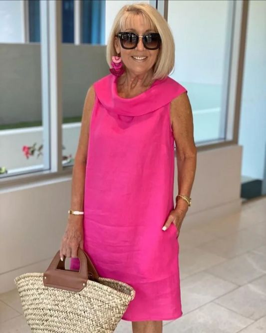 Women's Sleeveless Mini Dress Cowl Neck Straight Hemline - 
Fashinoza