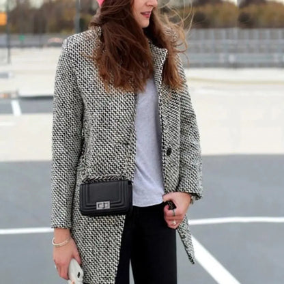 Women's Houndstooth Winter Coat Wool Button Closure