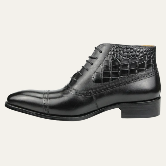 Men's Leather Brogue Dress Boots Ankle Lace Up Black - Fashinoza