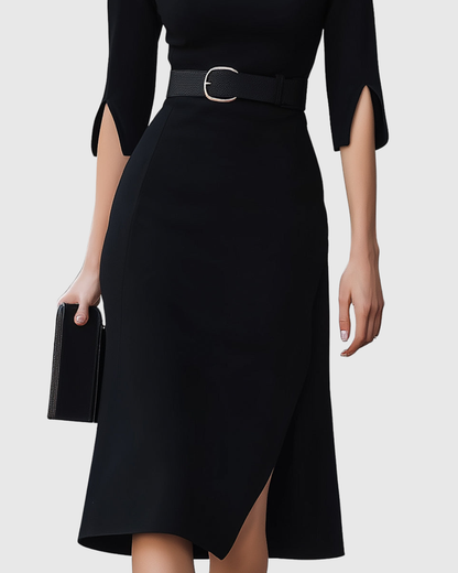 Women's Mock Neck Midi Dress Belted Split Sleeves