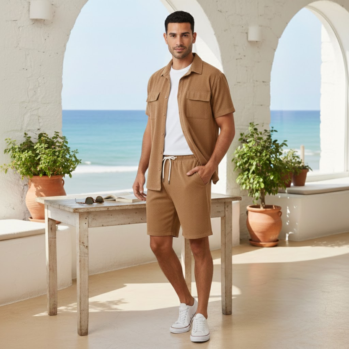 Men's Corduroy Summer Shirt And Shorts Set