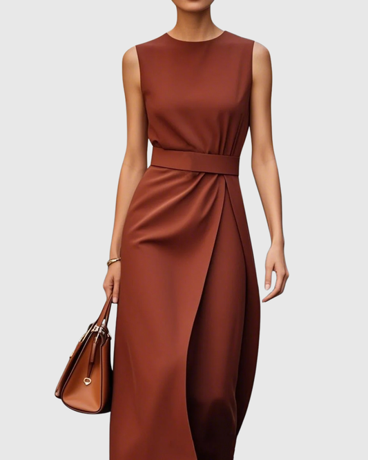 Vera Women's Sleeveless Midi Dress Round Neck Twist Waist - Fashinoza