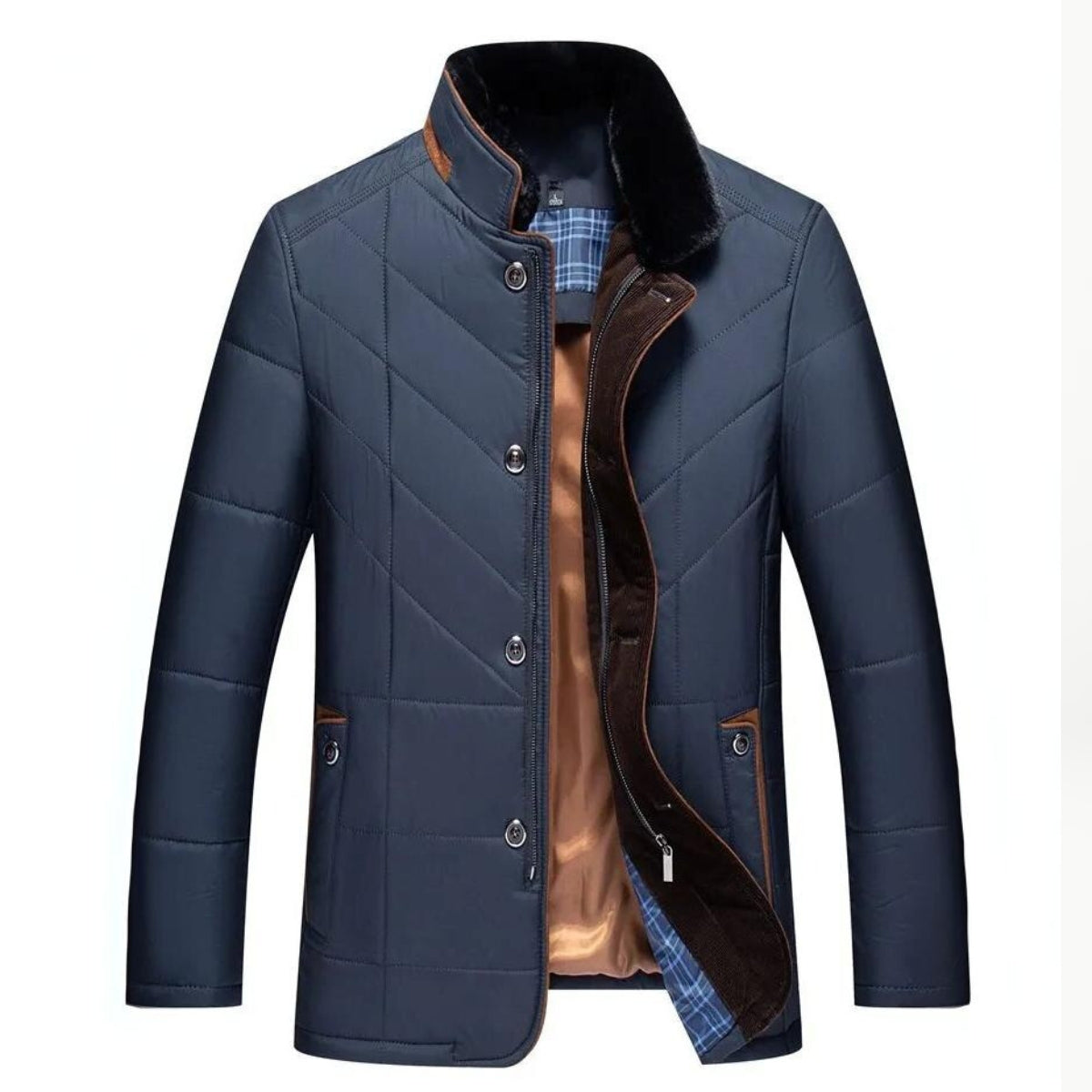 Men's Quilted Winter Jacket Zipper Front With Pockets - Fashinoza